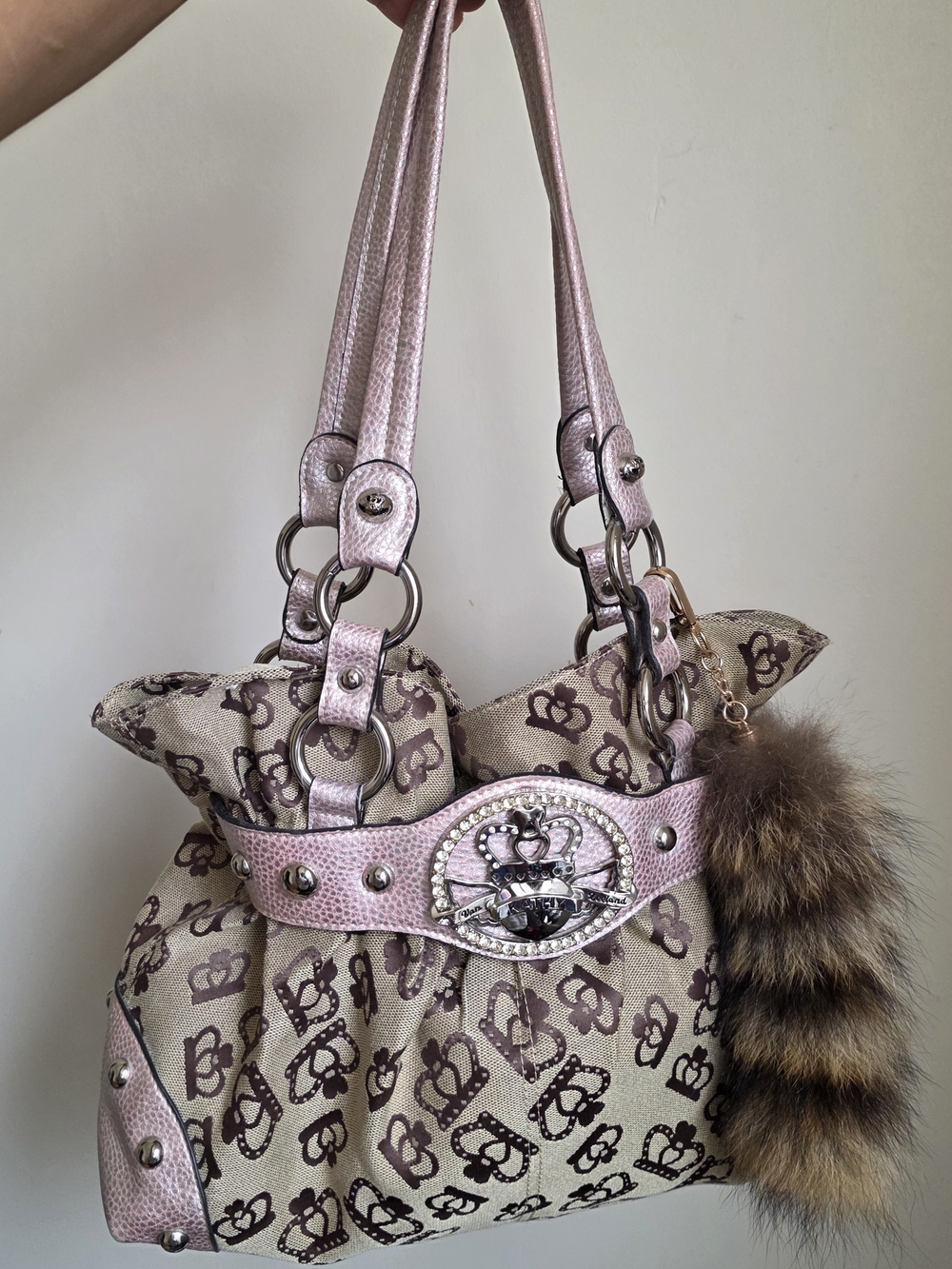 Kathy Van Zeeland Pink and Brown Crown Logo Tote